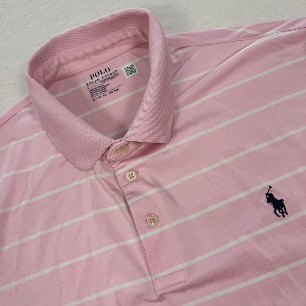 Polo Ralph Lauren Men's XL Pink White Striped Performance Polo Short Sleeve